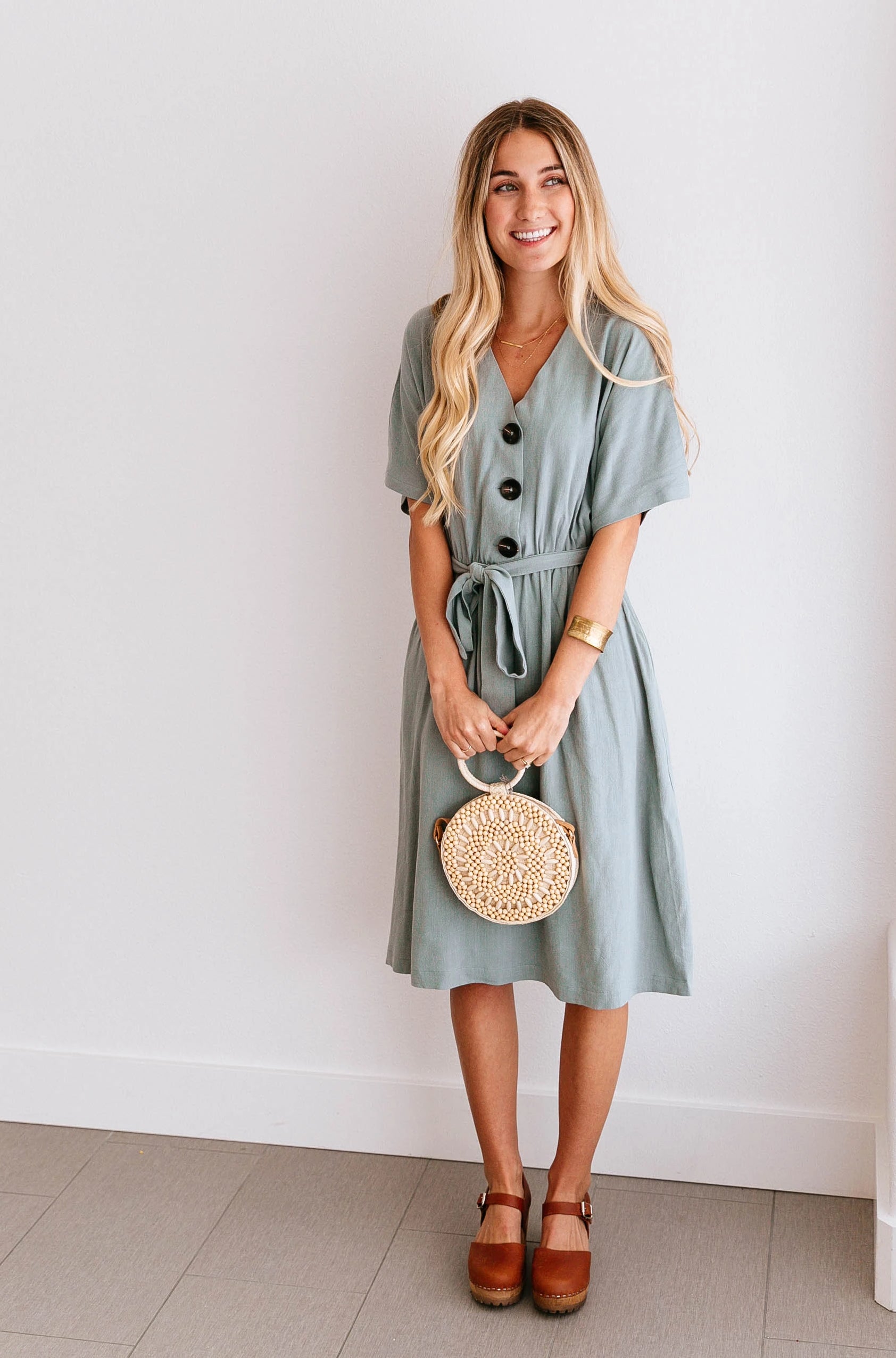 SEA GREEN BUTTON-FRONT MIDI DRESS