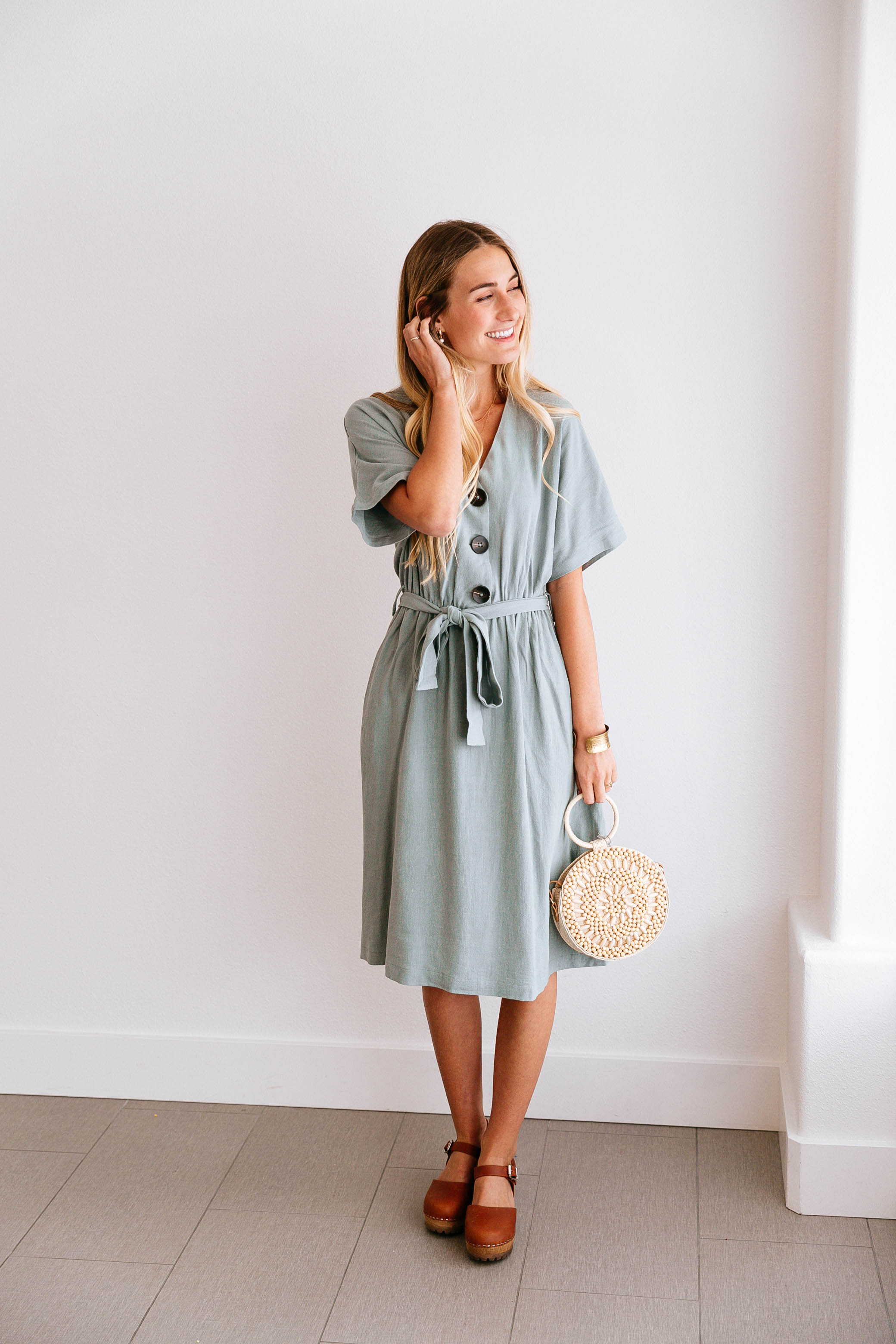 SEA GREEN BUTTON-FRONT MIDI DRESS