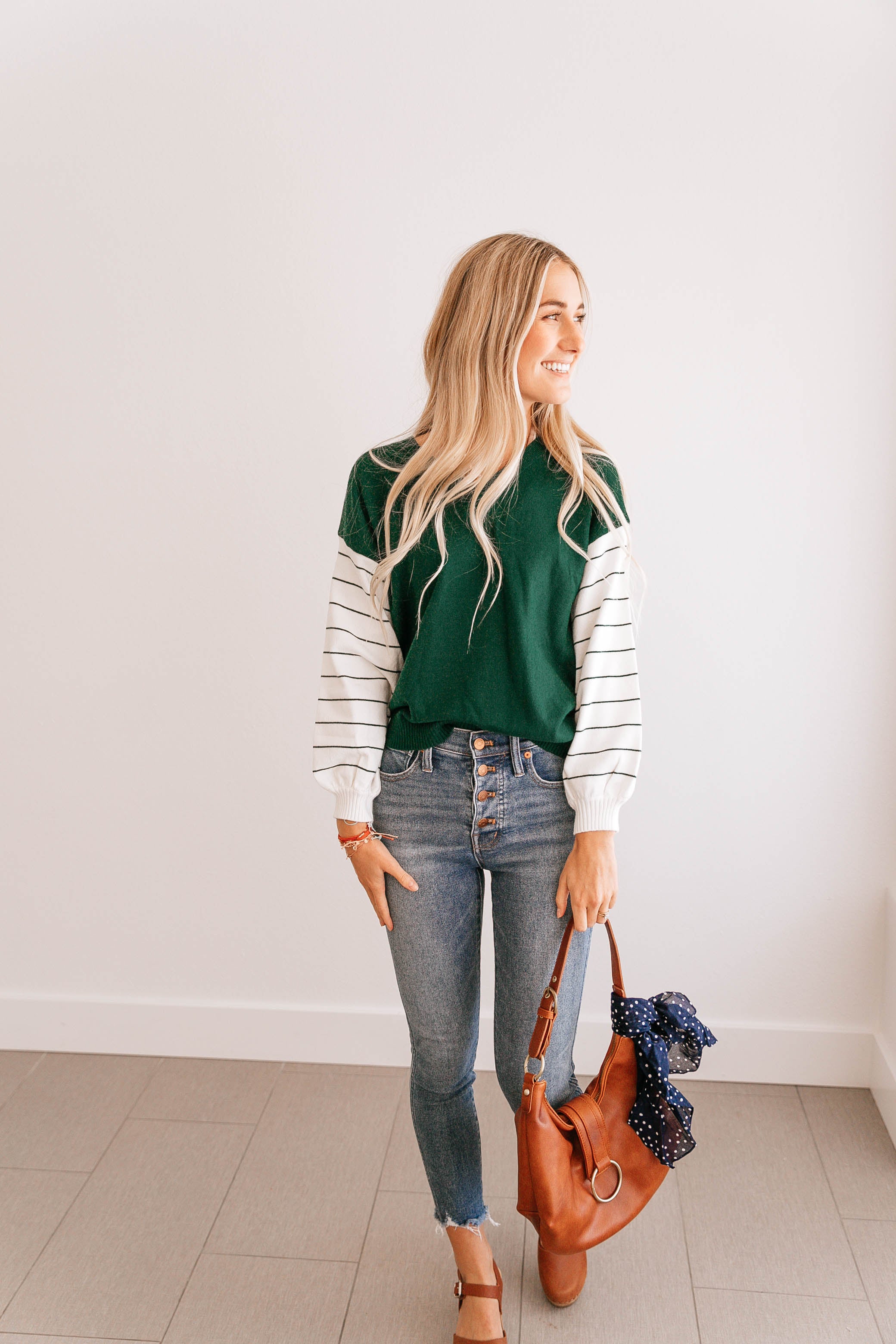 Stripe-Sleeve V-Neck Sweater