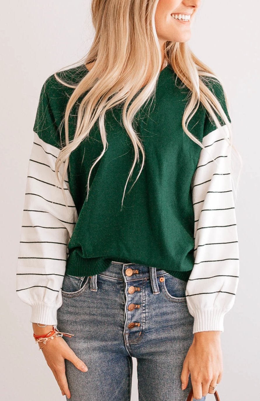 Stripe-Sleeve V-Neck Sweater