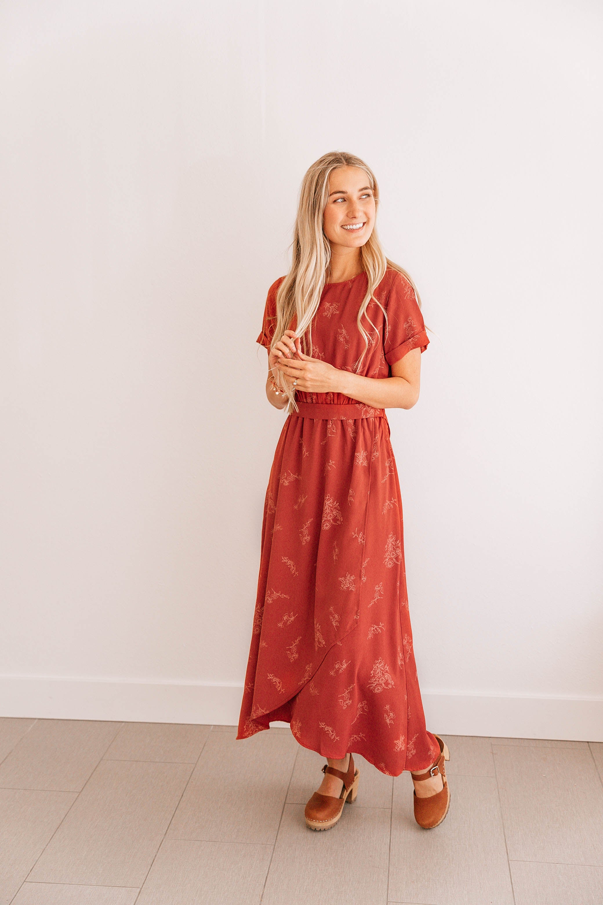 Rust Floral Wrap Dress