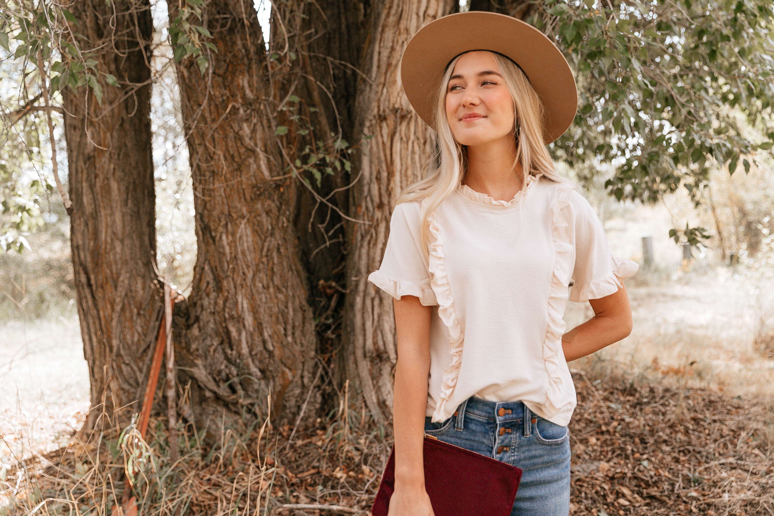 Cream Ruffle-Trim Top