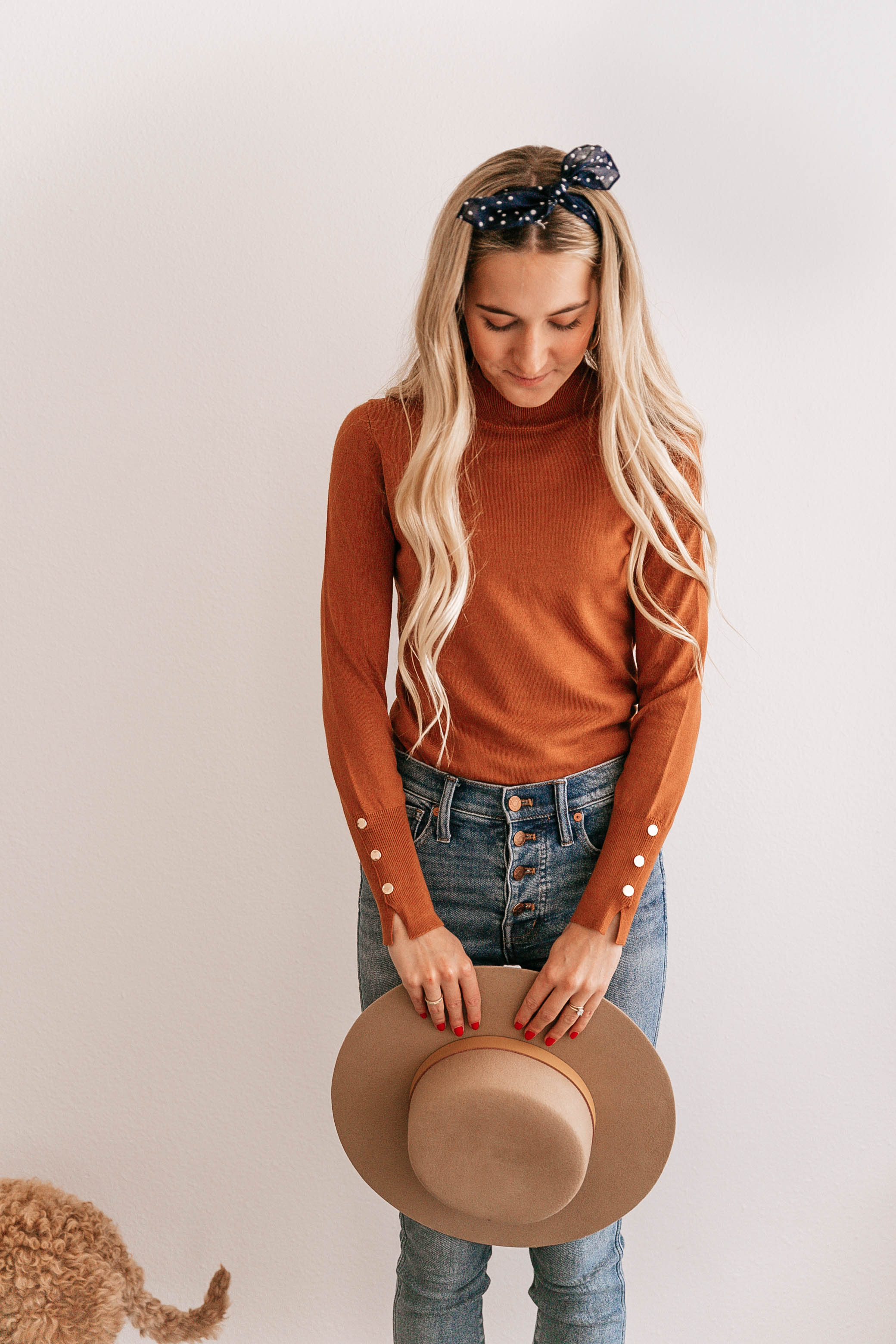 Button-Cuff Mock Neck Top