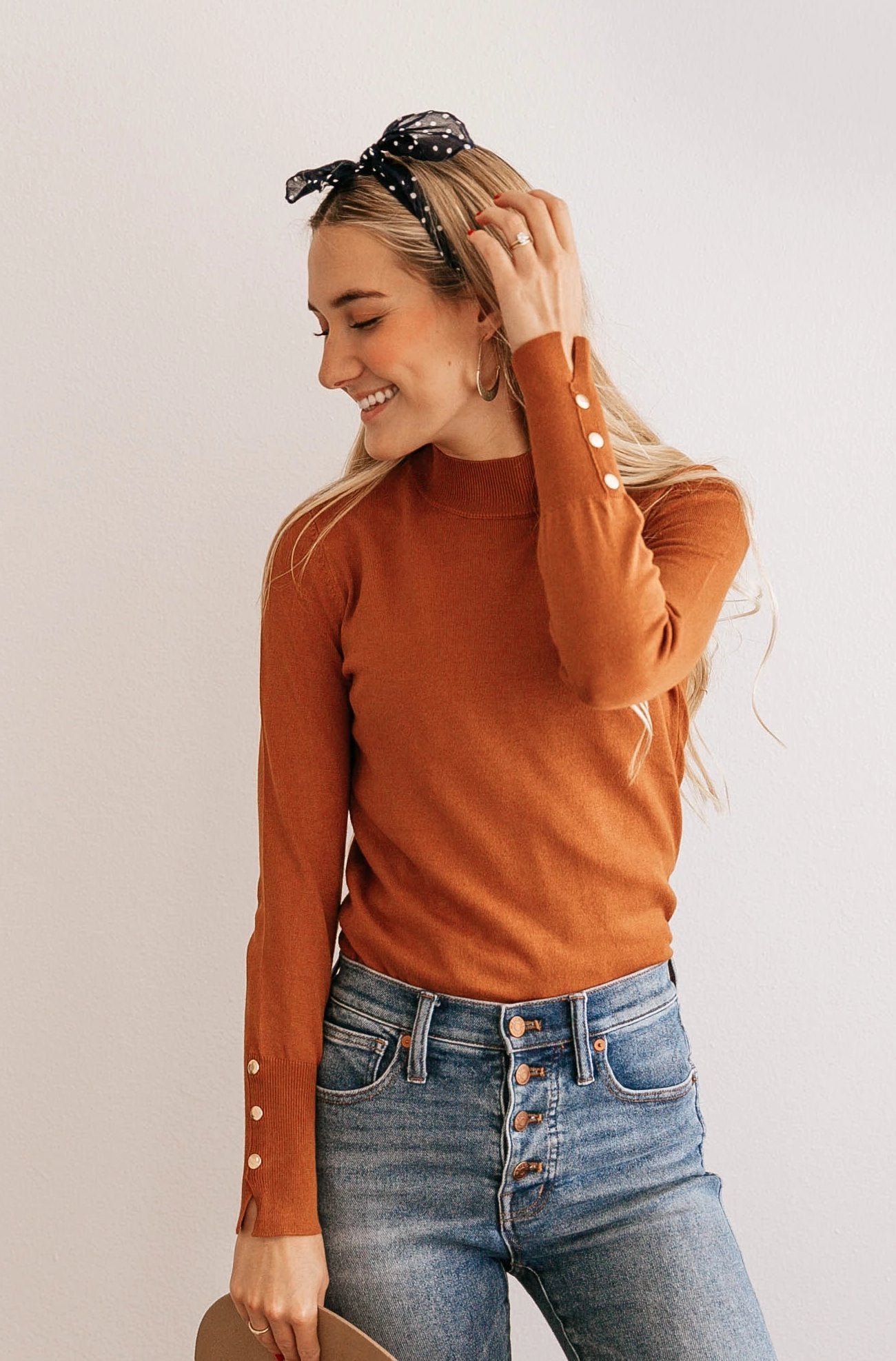 Button-Cuff Mock Neck Top