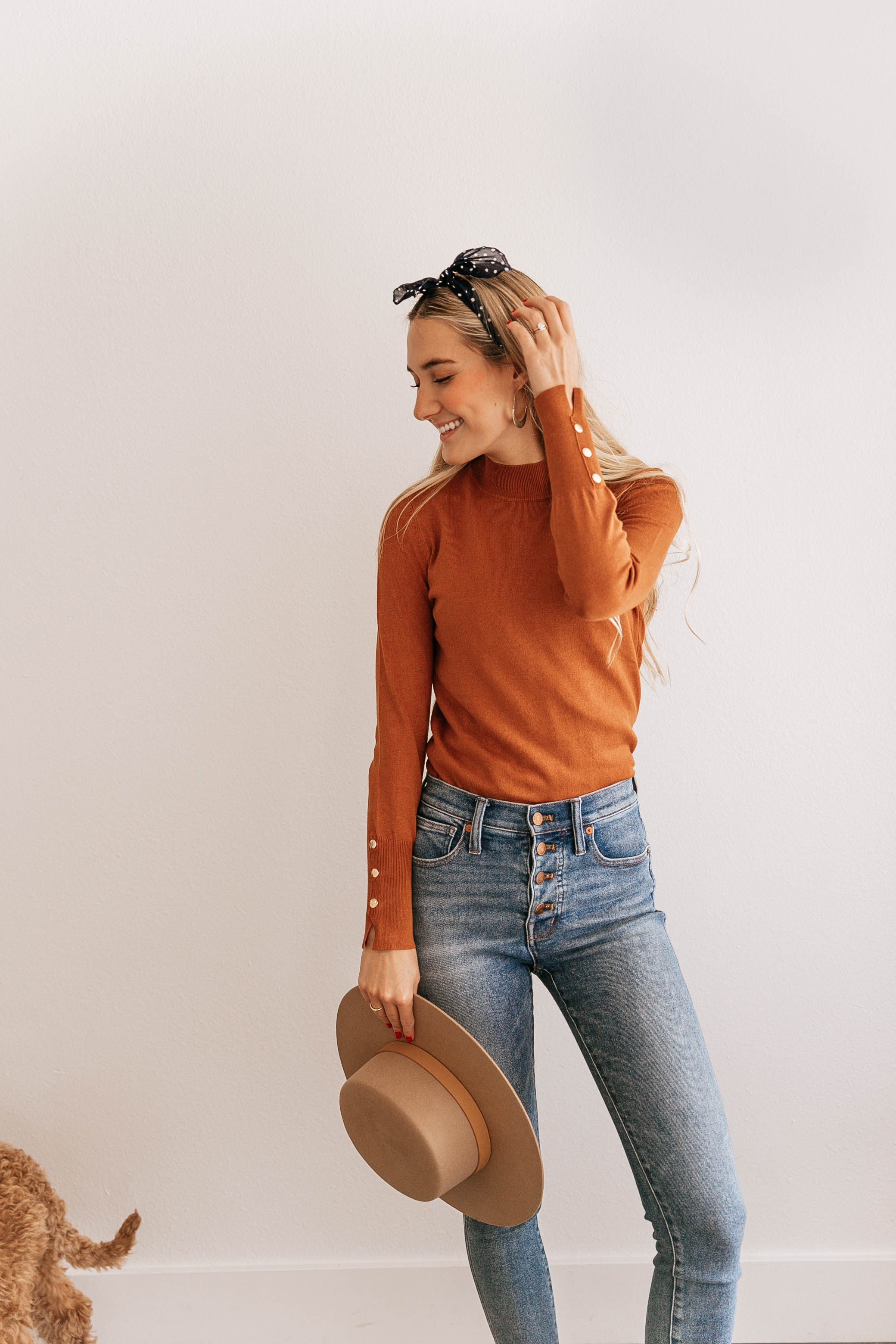 Button-Cuff Mock Neck Top