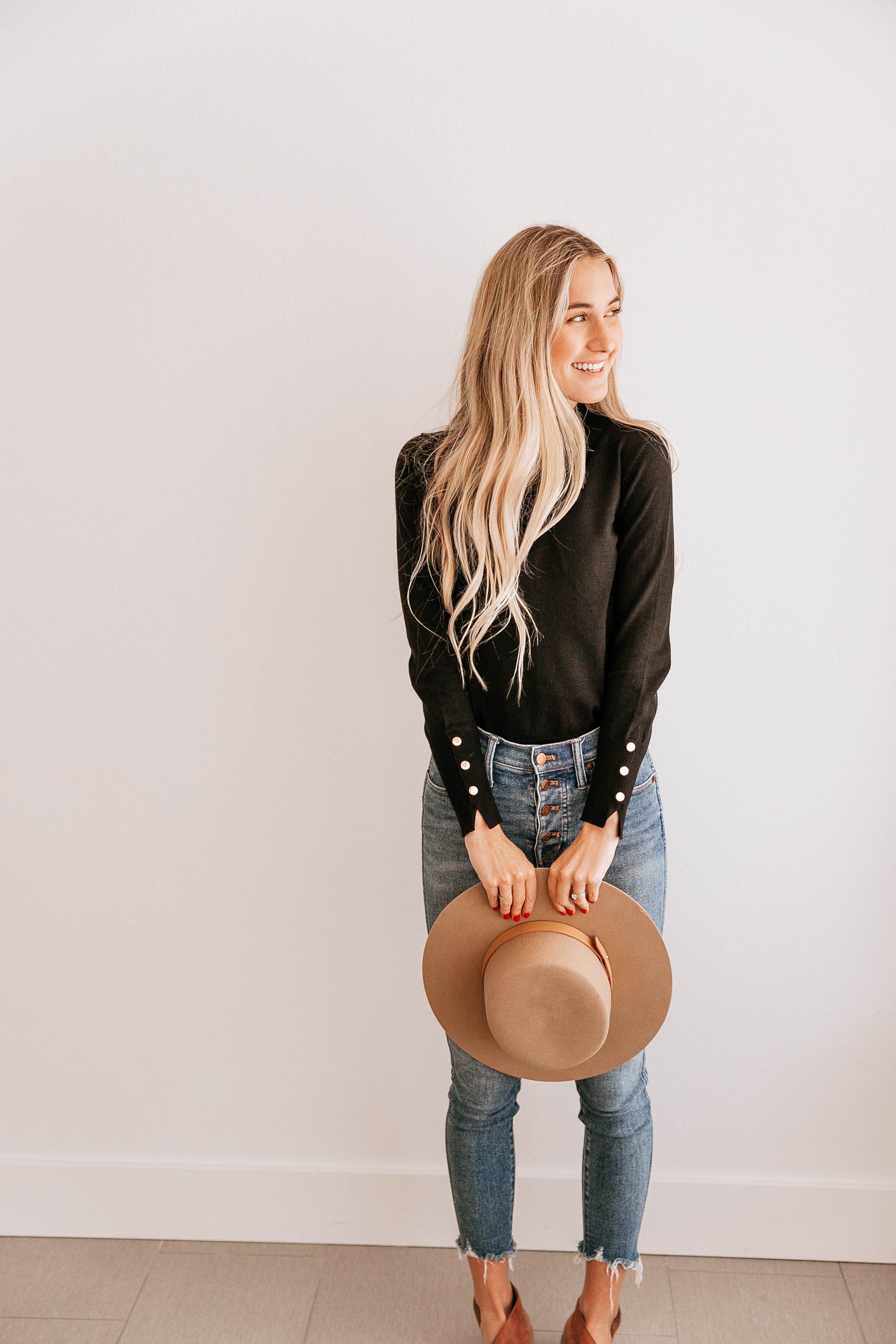 Button-Cuff Mock Neck Top