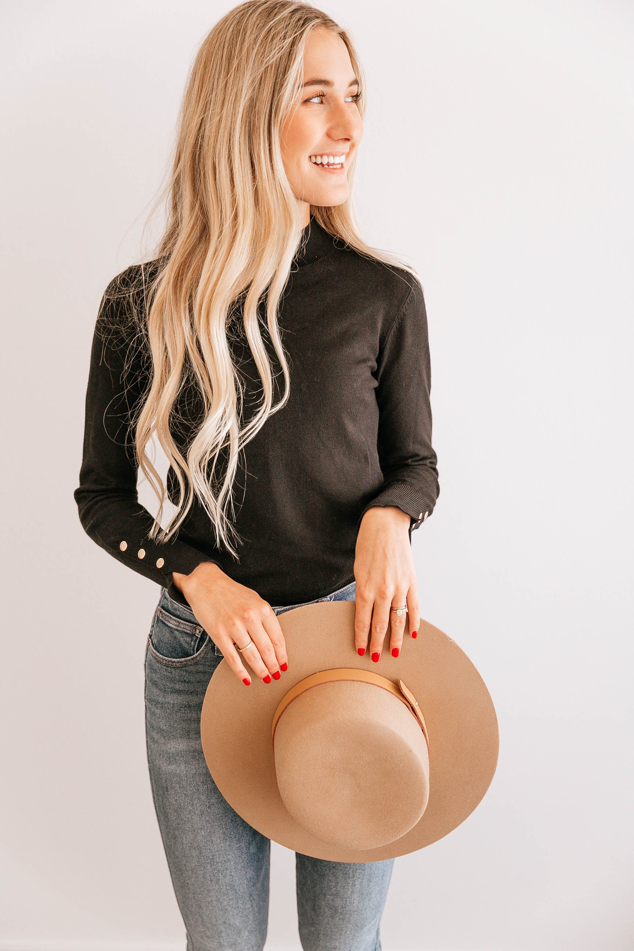 Button-Cuff Mock Neck Top