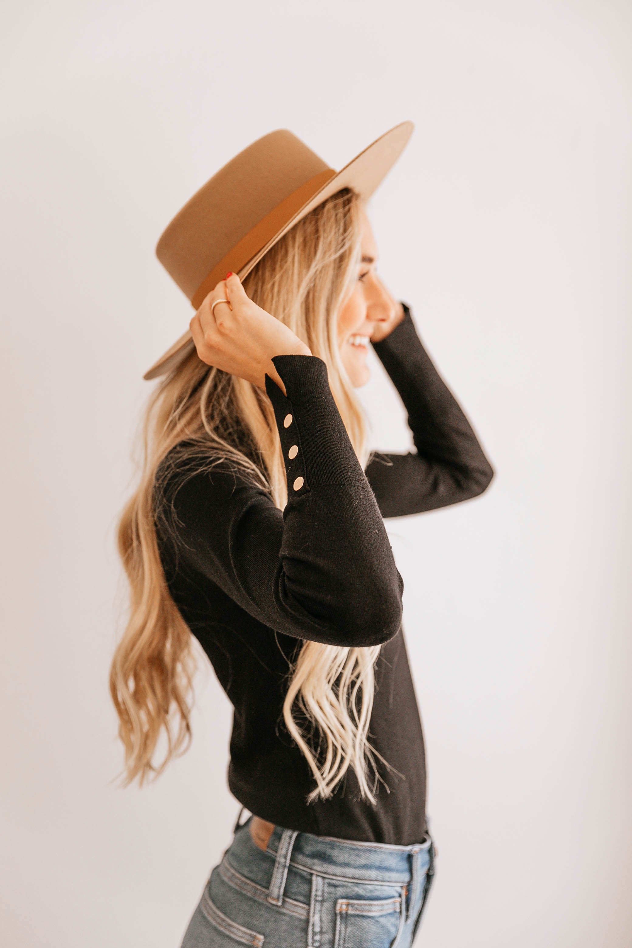 Button-Cuff Mock Neck Top