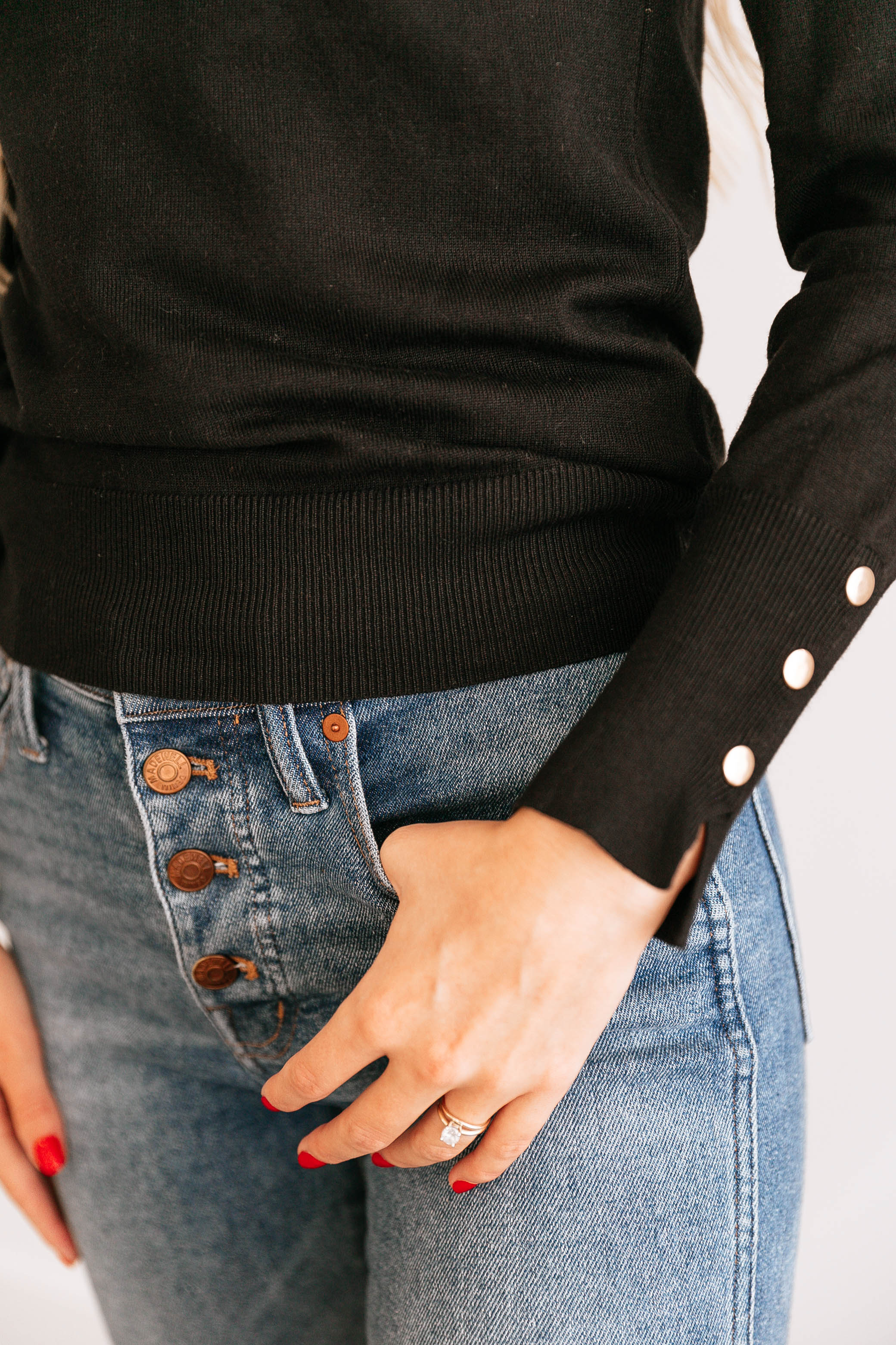 Button-Cuff Mock Neck Top