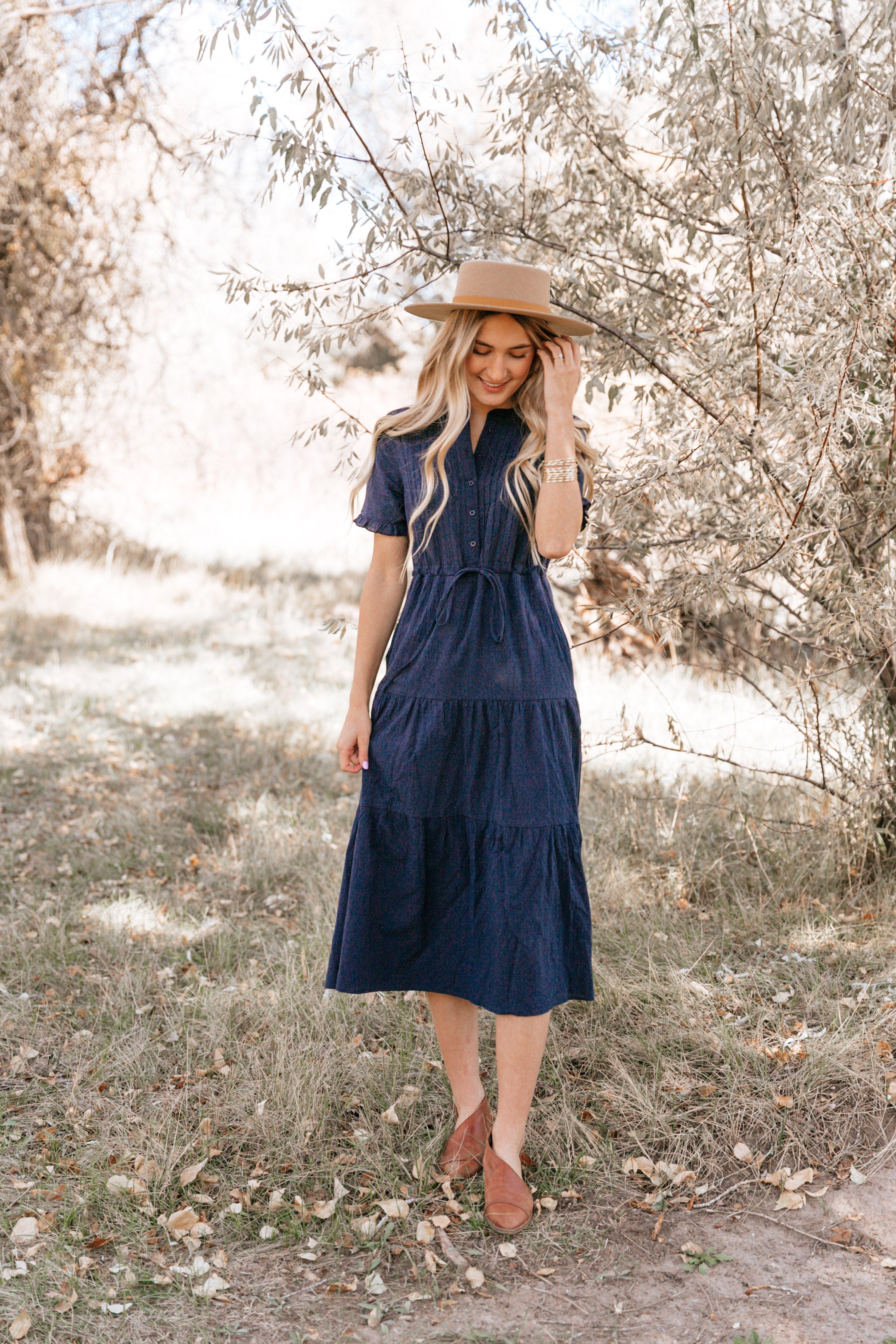 NAVY TIERED PEASANT DRESS