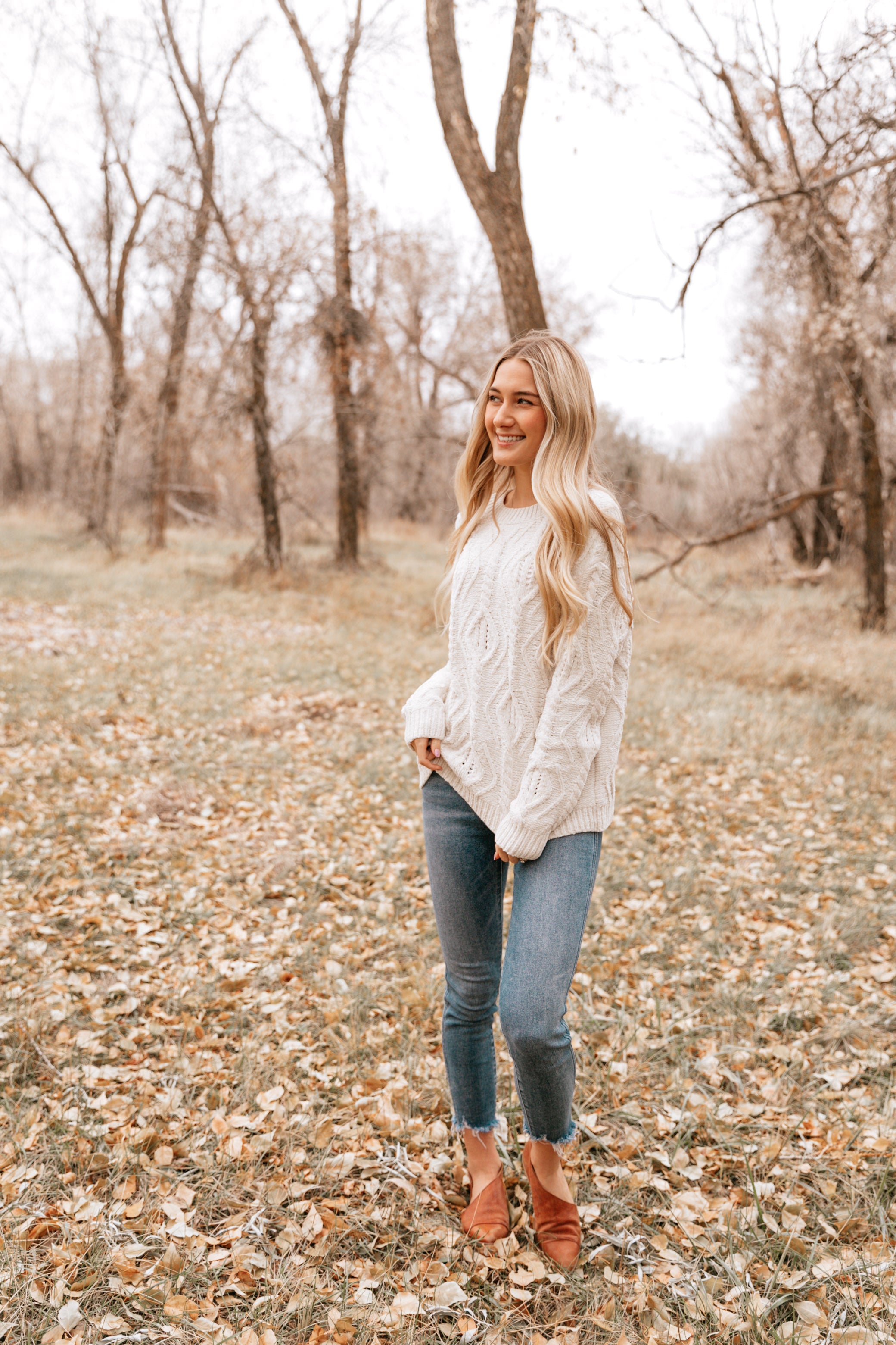 Natural Cable-Knit Crewneck Sweater