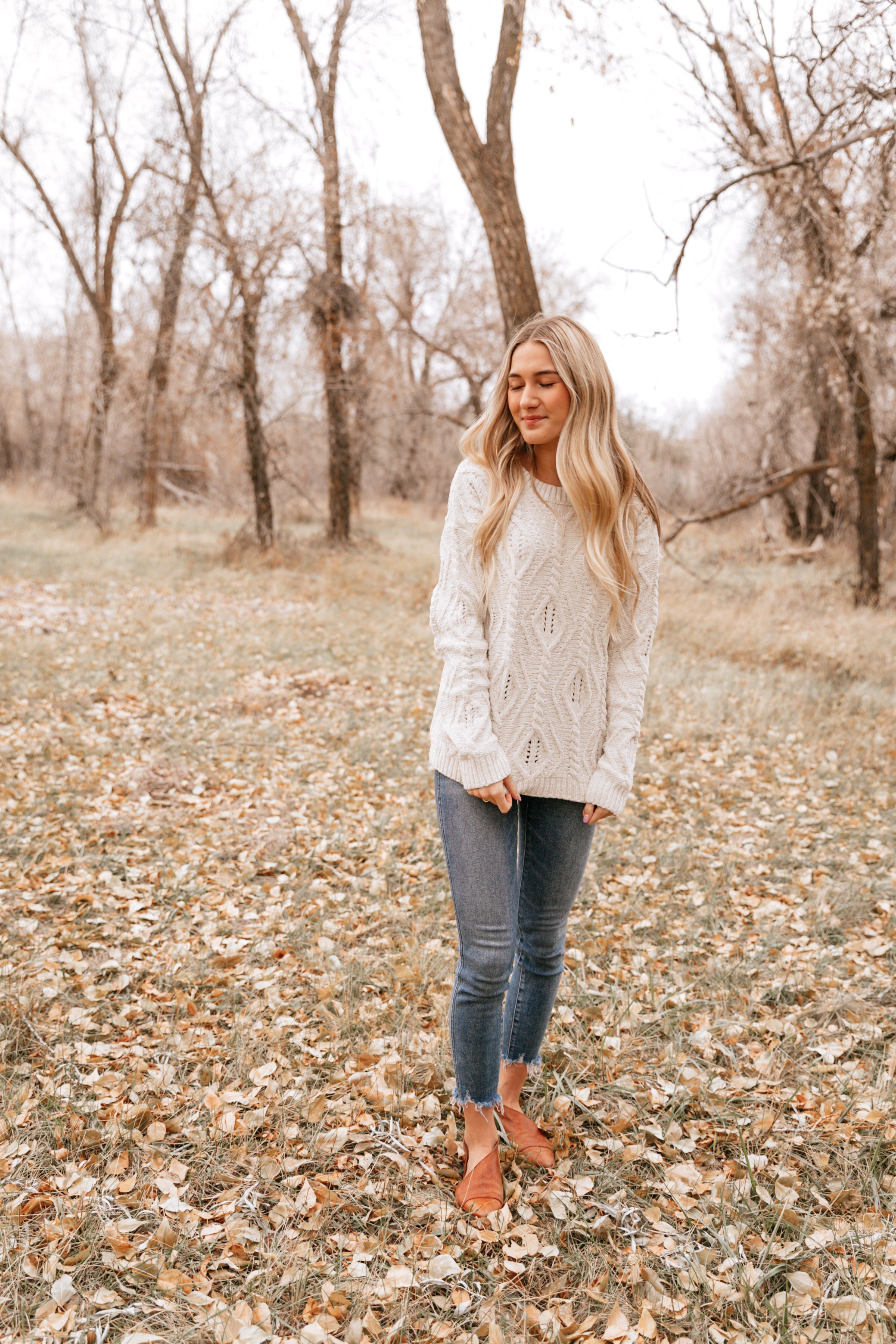 Natural Cable-Knit Crewneck Sweater