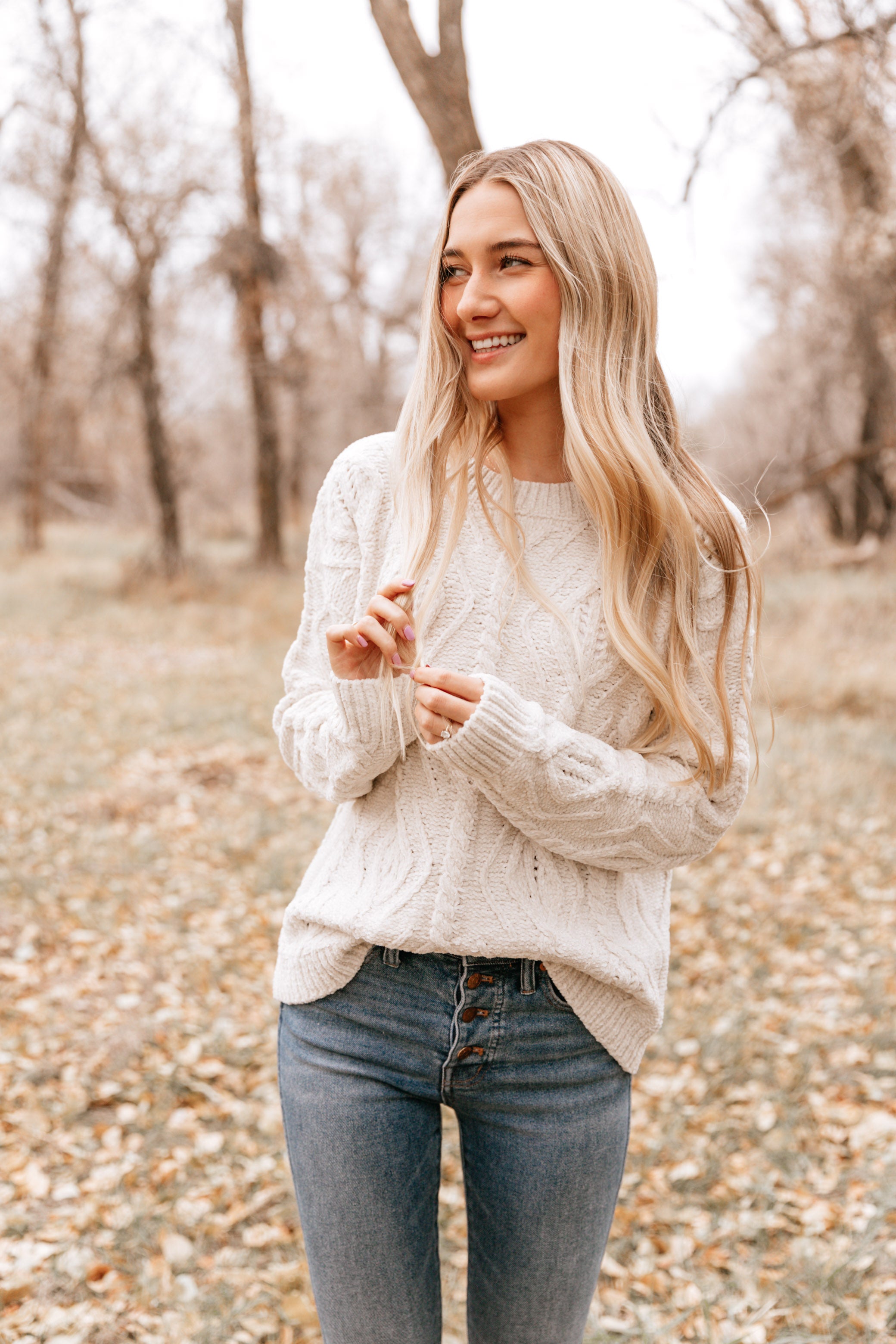 Natural Cable-Knit Crewneck Sweater
