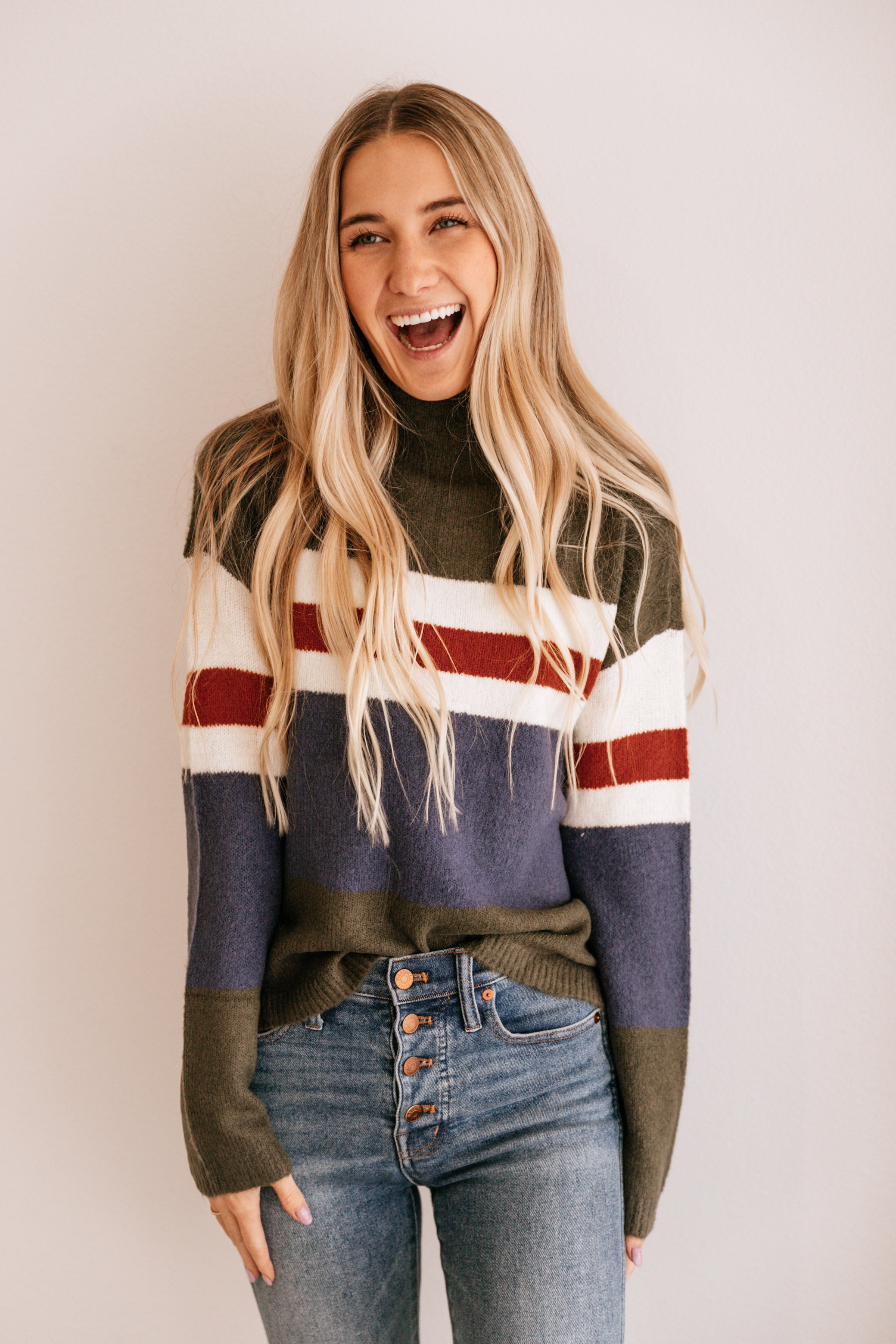 Olive & Blue Stripe Crewneck Sweater
