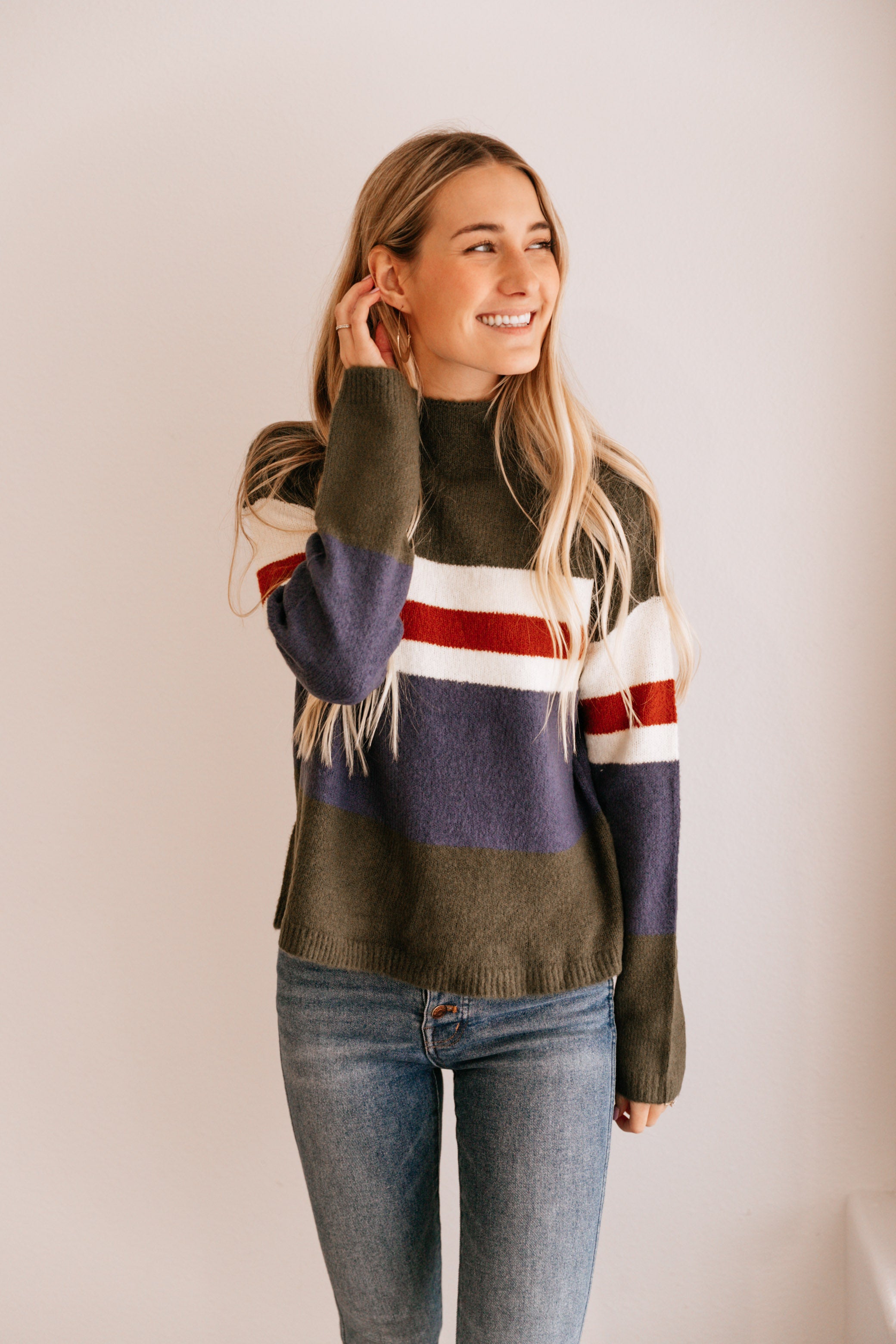 Olive & Blue Stripe Crewneck Sweater