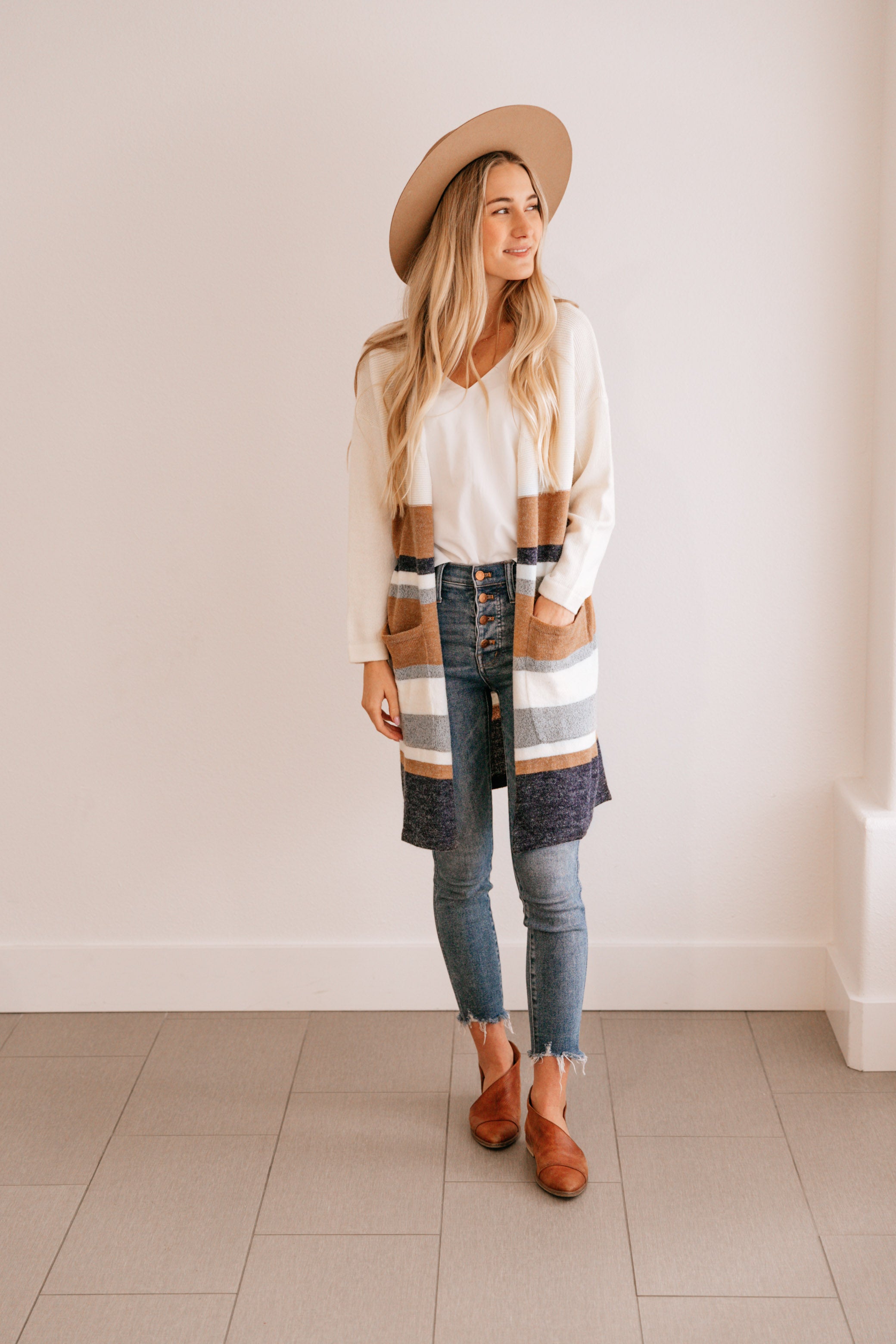 Stripe Pocket-Accent Open Cardigan