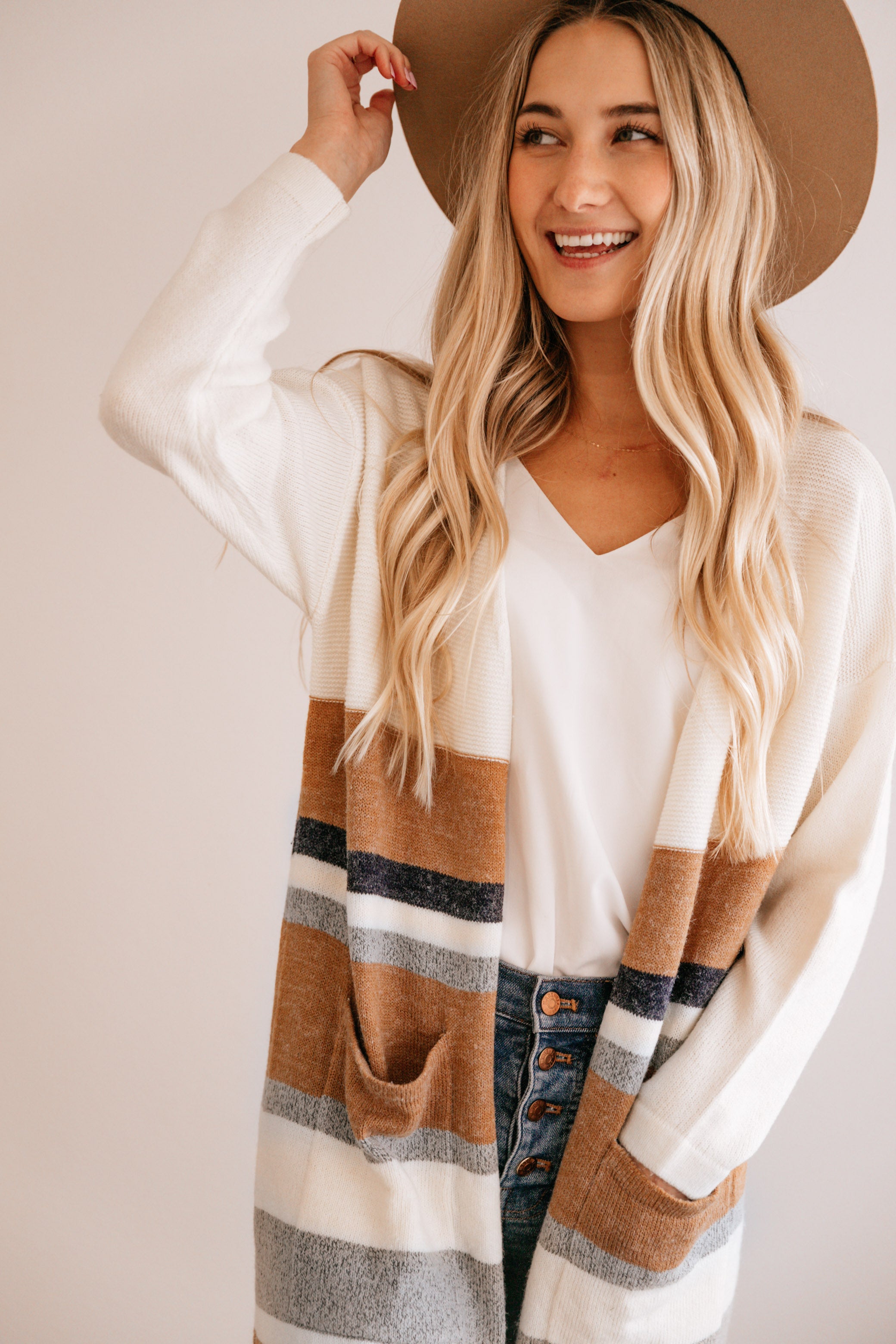 Stripe Pocket-Accent Open Cardigan