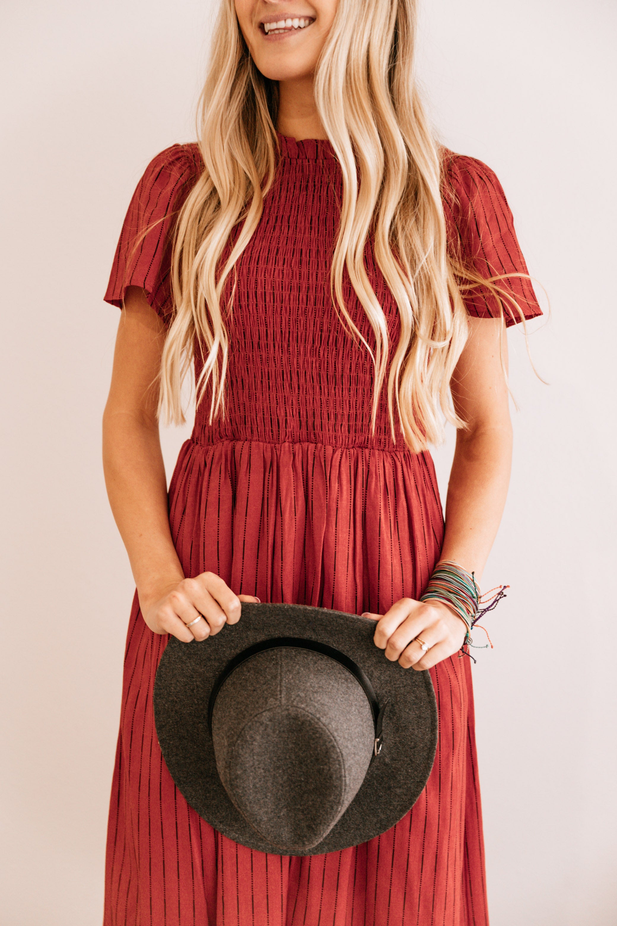 Rust Pocket-Accent Midi Dress