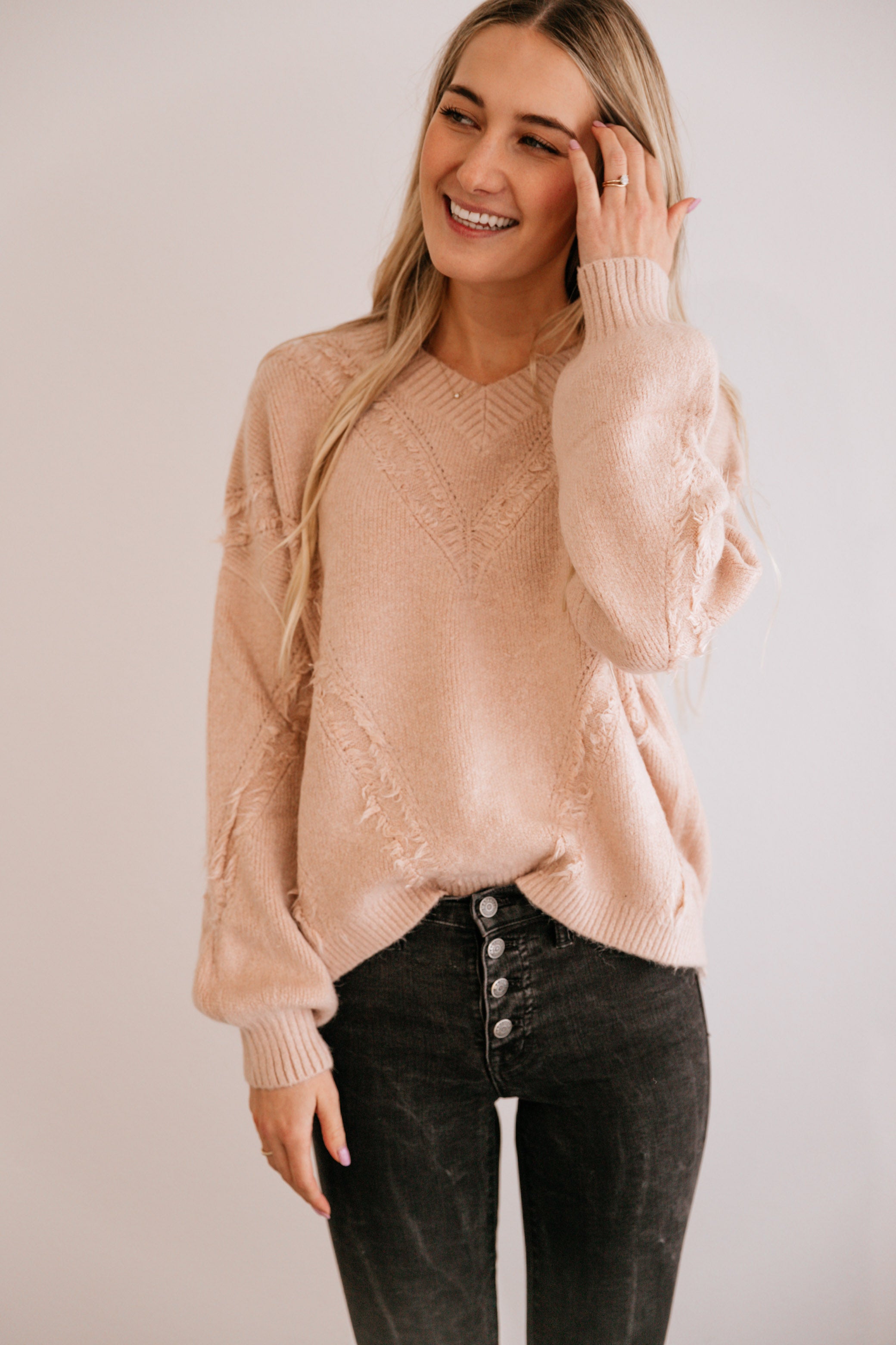 Mauve Fringe-Accent V-Neck Sweater