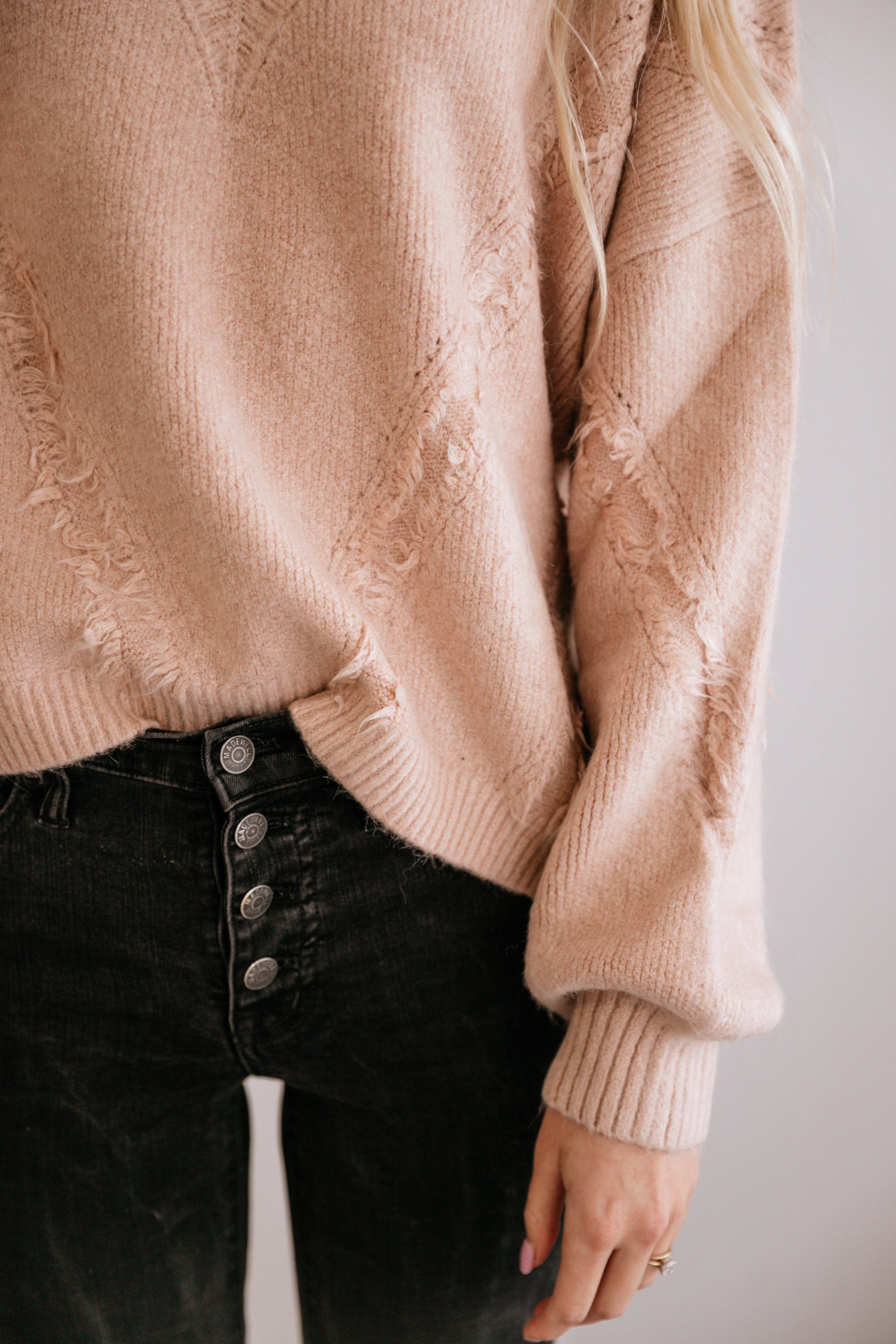 Mauve Fringe-Accent V-Neck Sweater