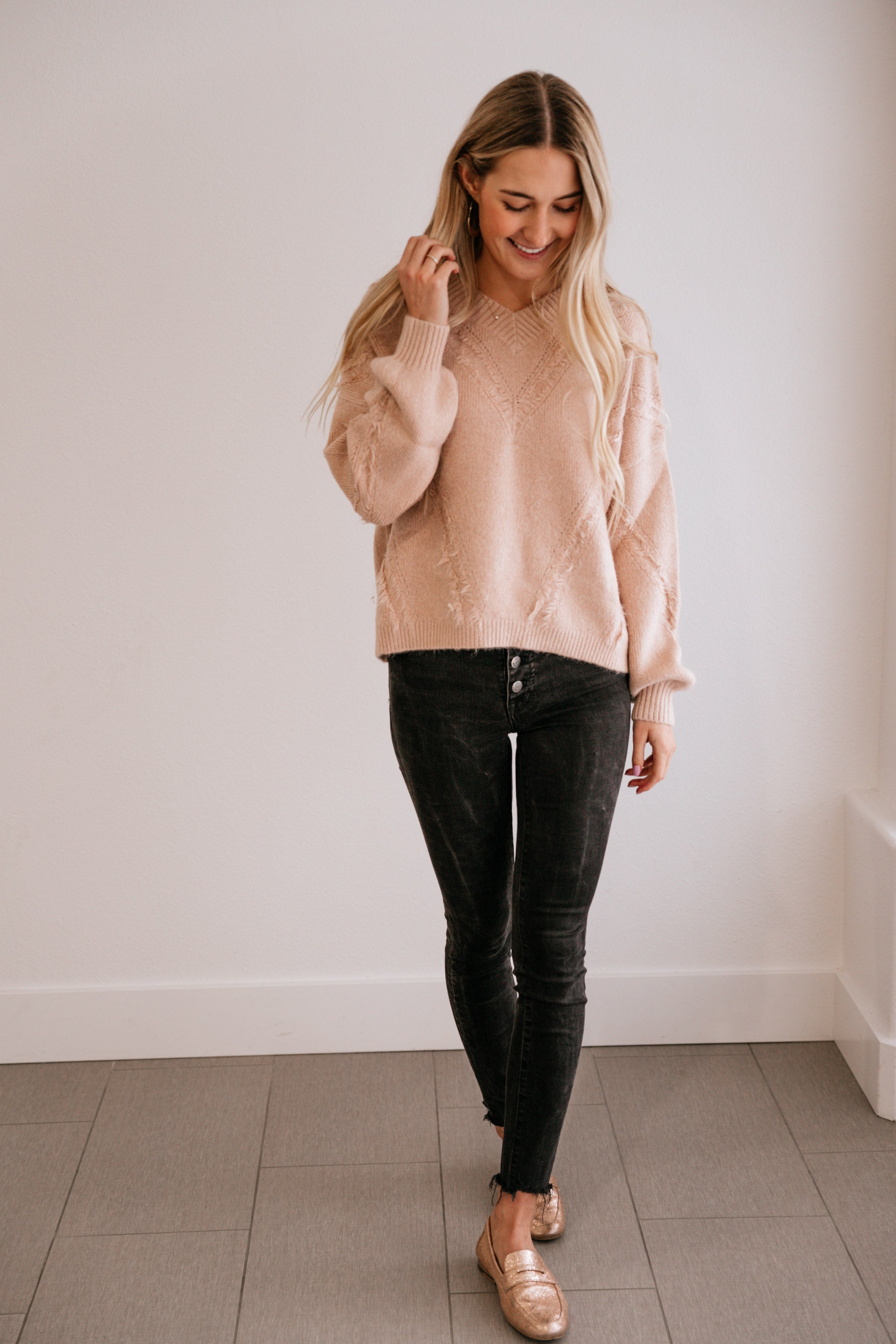 Mauve Fringe-Accent V-Neck Sweater