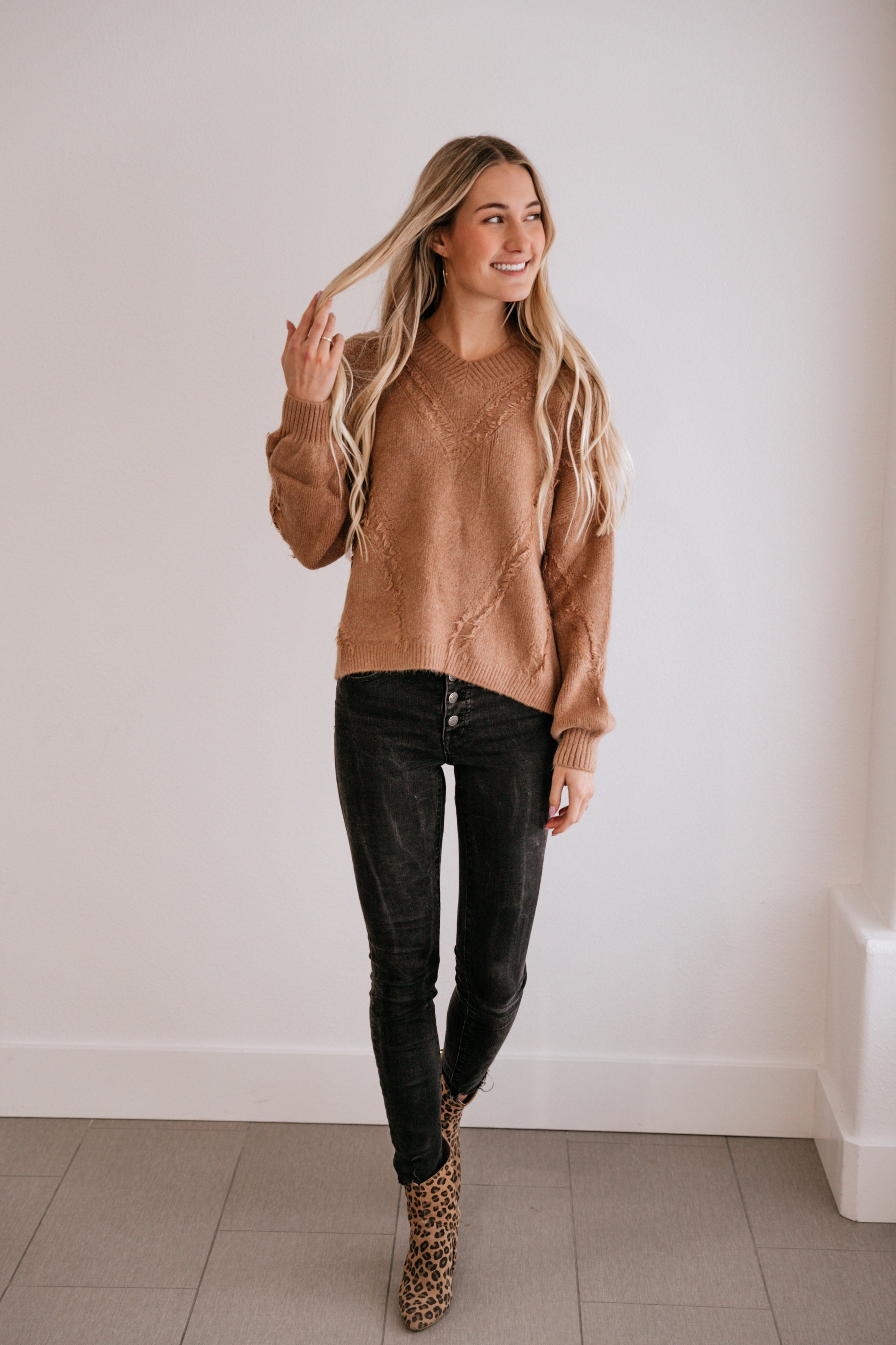 Mocha Fringe-Accent V-Neck Sweater