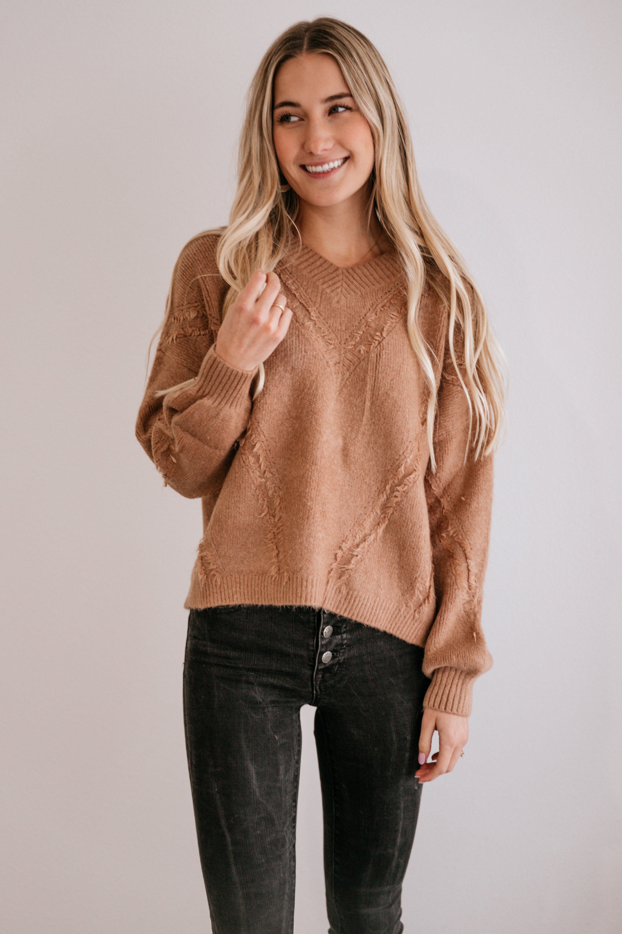 Mocha Fringe-Accent V-Neck Sweater