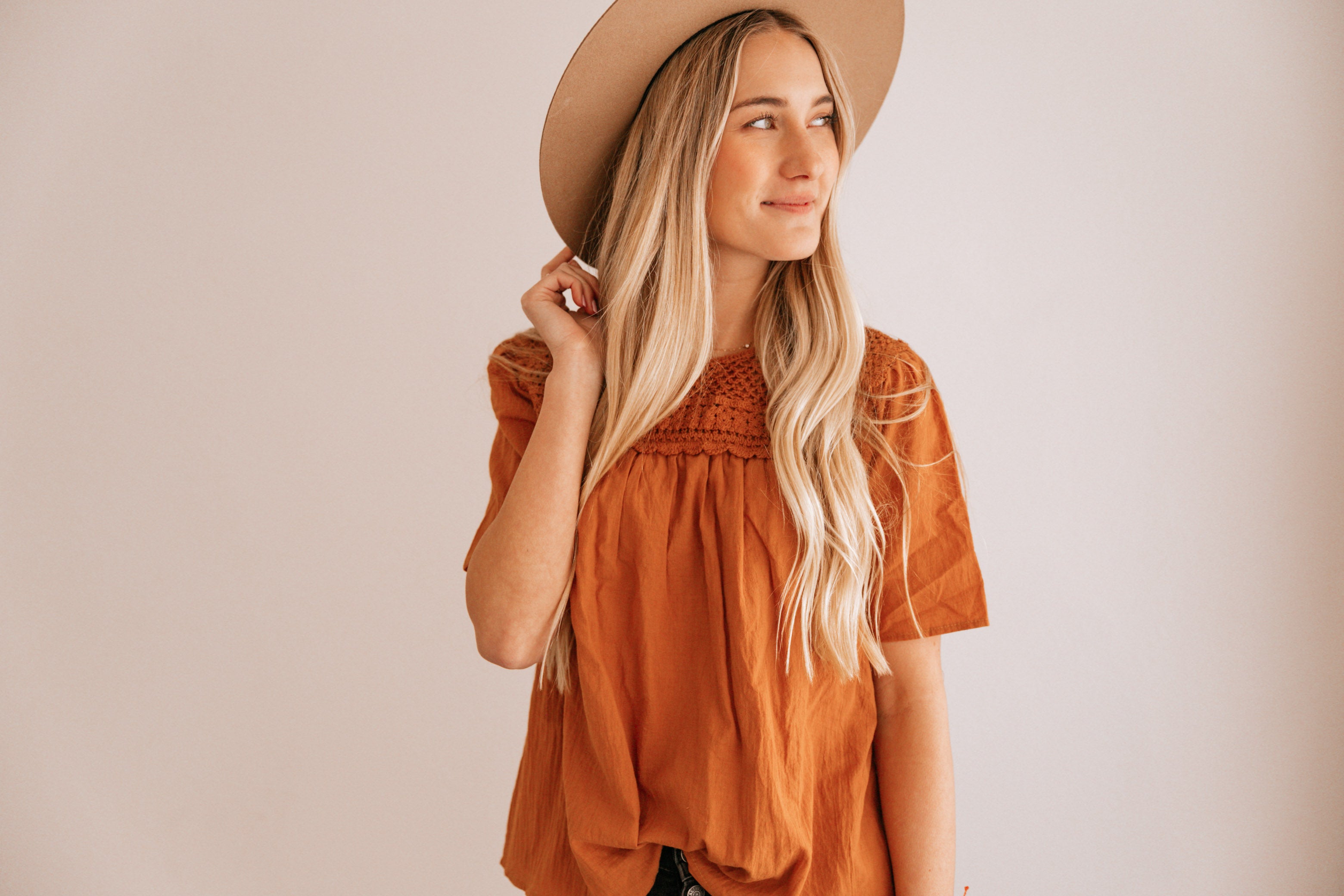 Camel Crochet-Accent Short-Sleeve Top